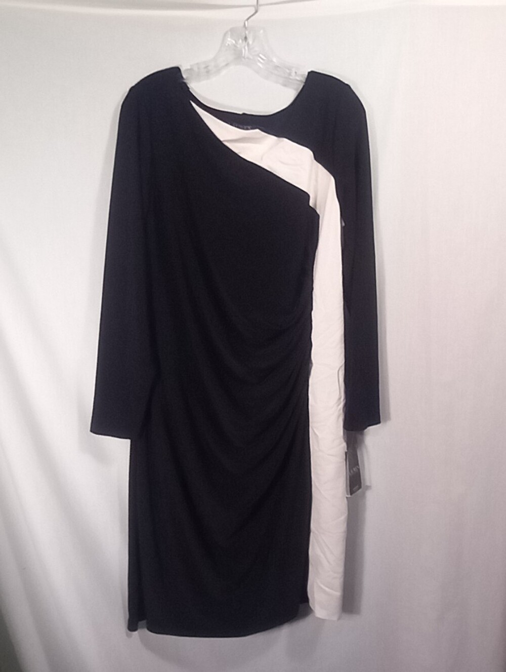 Lauren Ralph Lauren Black White Long Sleeve Sheath Dress Size 14W NWT